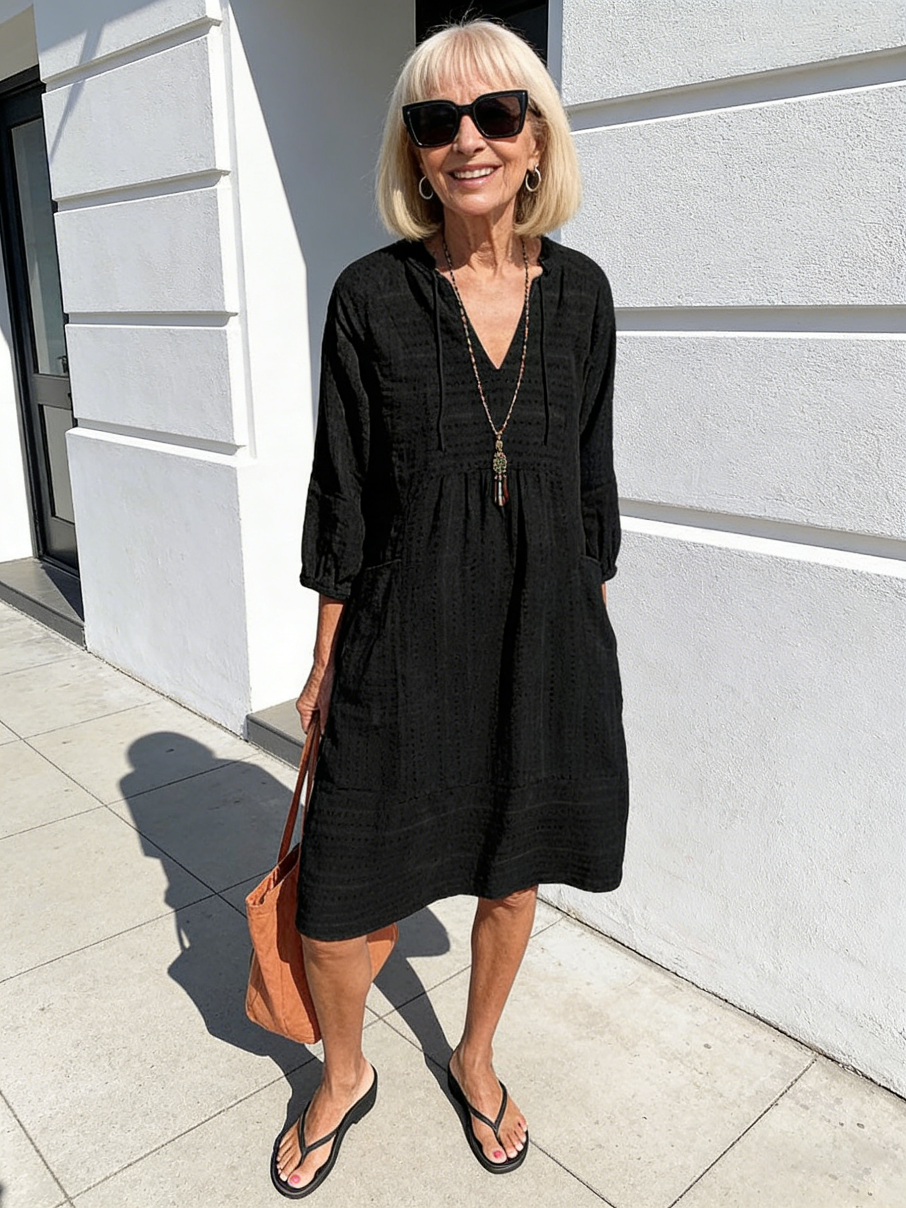 Textured Fabric Jacquard Cotton and Linen Dress Explosive V-Neck Casual Loose Pocket Elegant