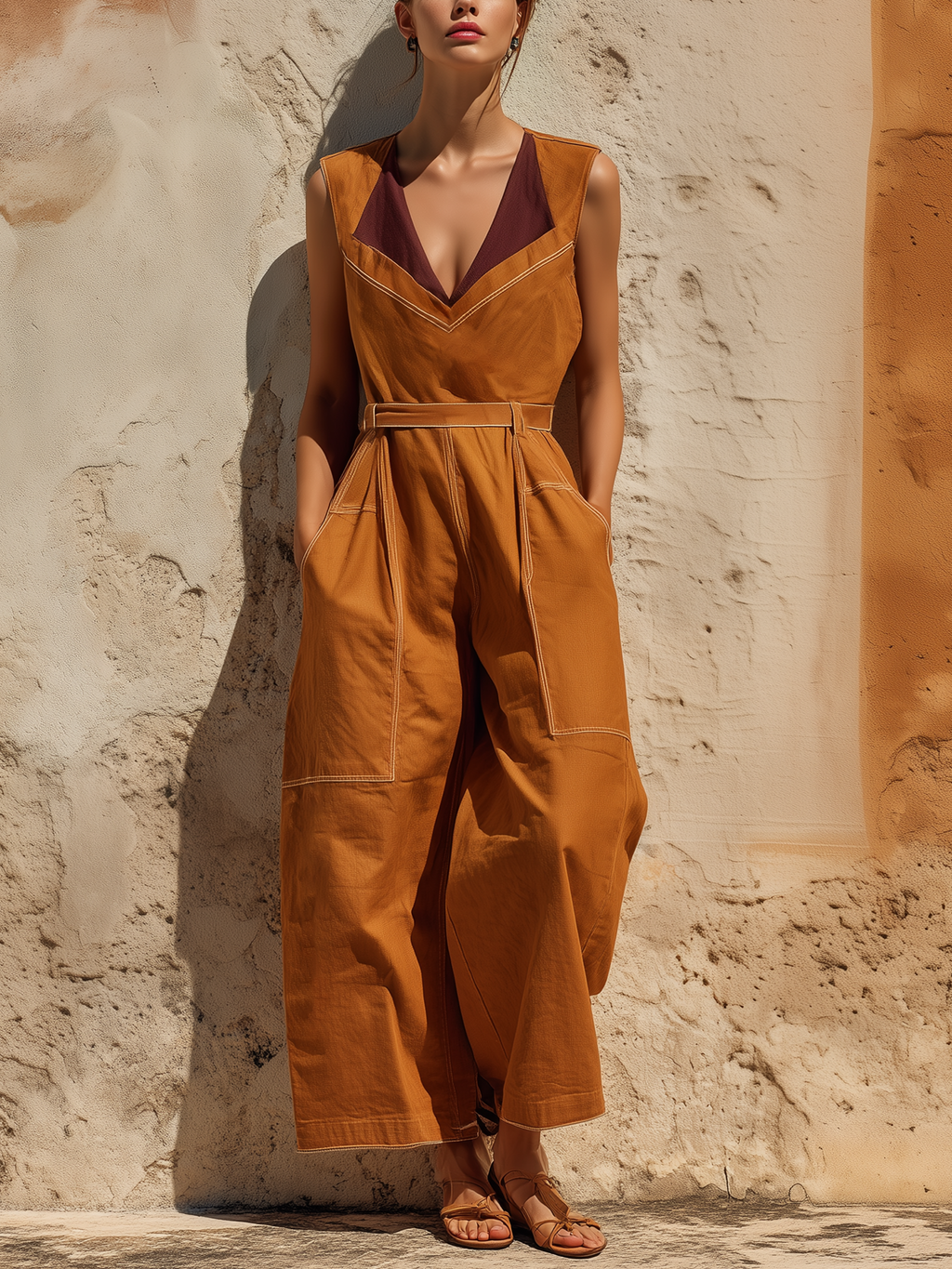 Rust Orange Washed Cotton Sleeveless Belted Wide Leg Jumpsuit