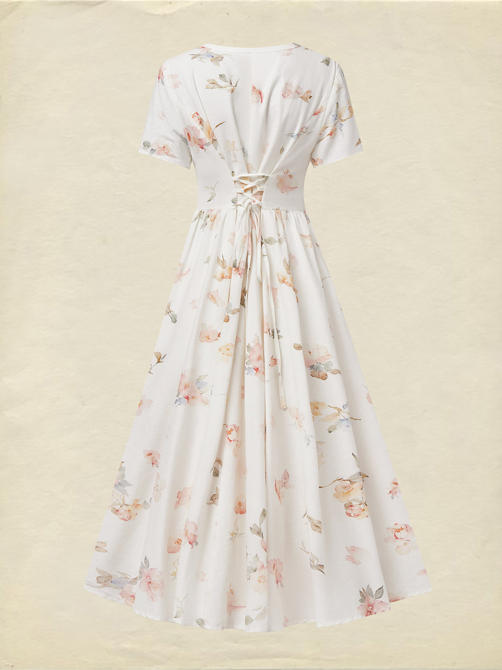 Midi Linen Dress, Short Sleeves, V Neck, Floral, Vintage, White
