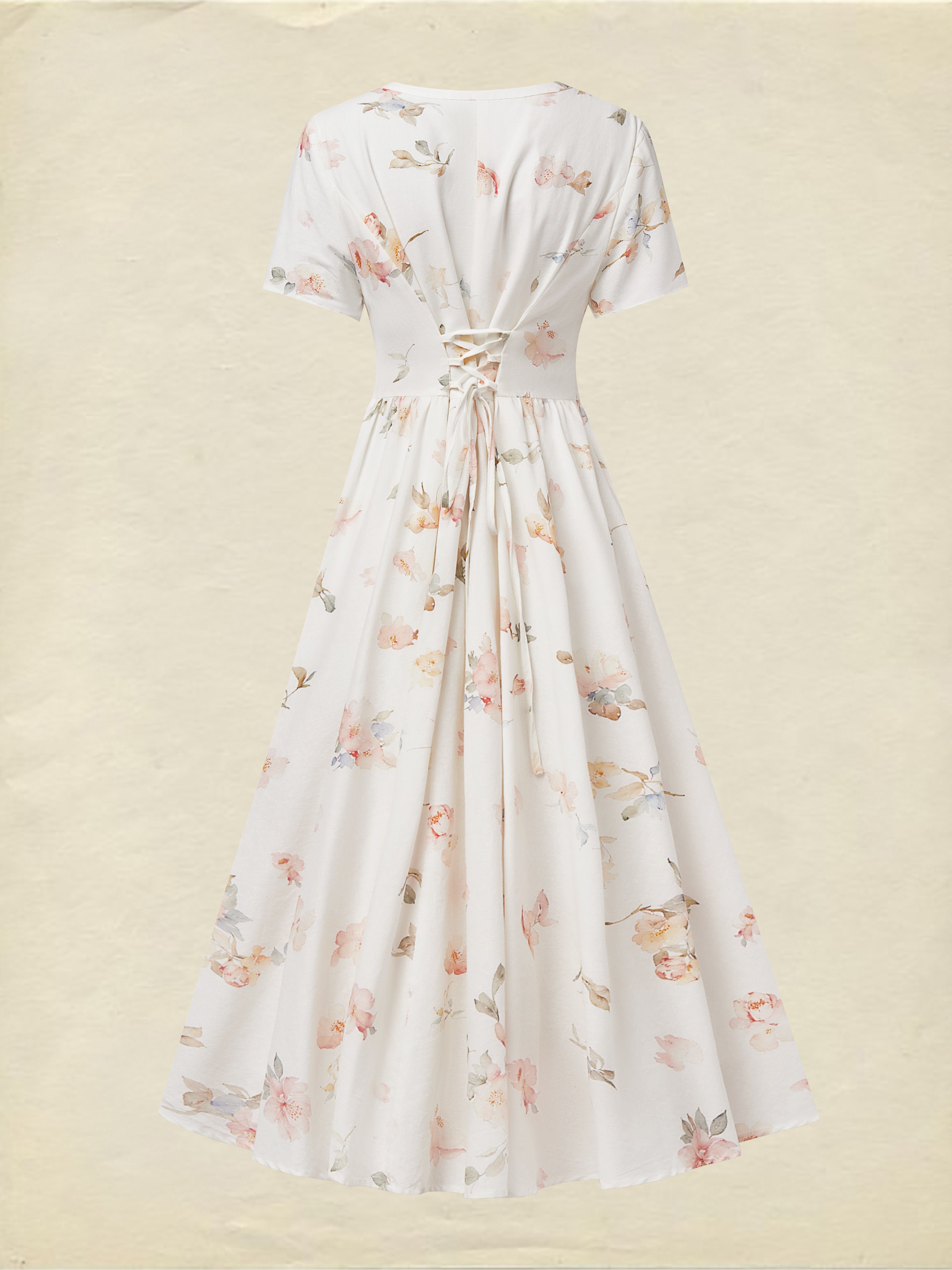 Midi Linen Dress, Short Sleeves, V Neck, Floral, Vintage, White
