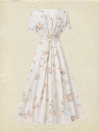 Midi Linen Dress, Short Sleeves, V Neck, Floral, Vintage, White