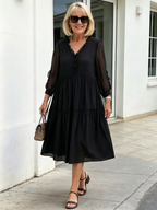 Black French Retro Tiered Midi Dress, Ruffle V-Neck Sheer 3/4 Sleeve Loose Pleated Chiffon Dress for Mature Women