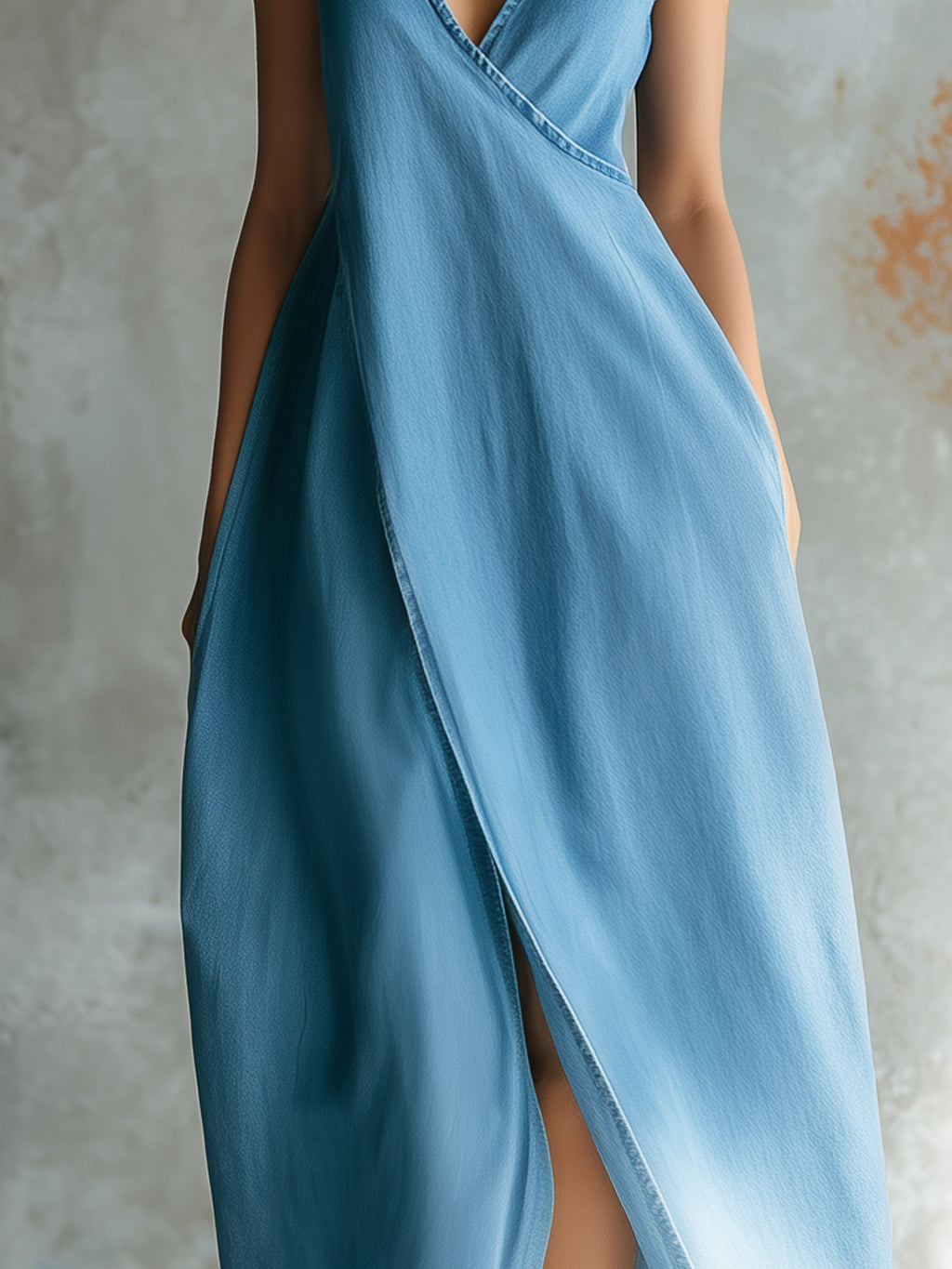 Wrap V-Neck Sleeveless Denim Maxi Dress