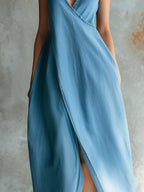 Wrap V-Neck Sleeveless Denim Maxi Dress