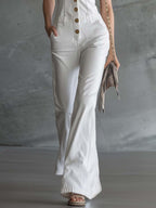 Elegant Retro V-Neck Front-Button White Denim Jumpsuit