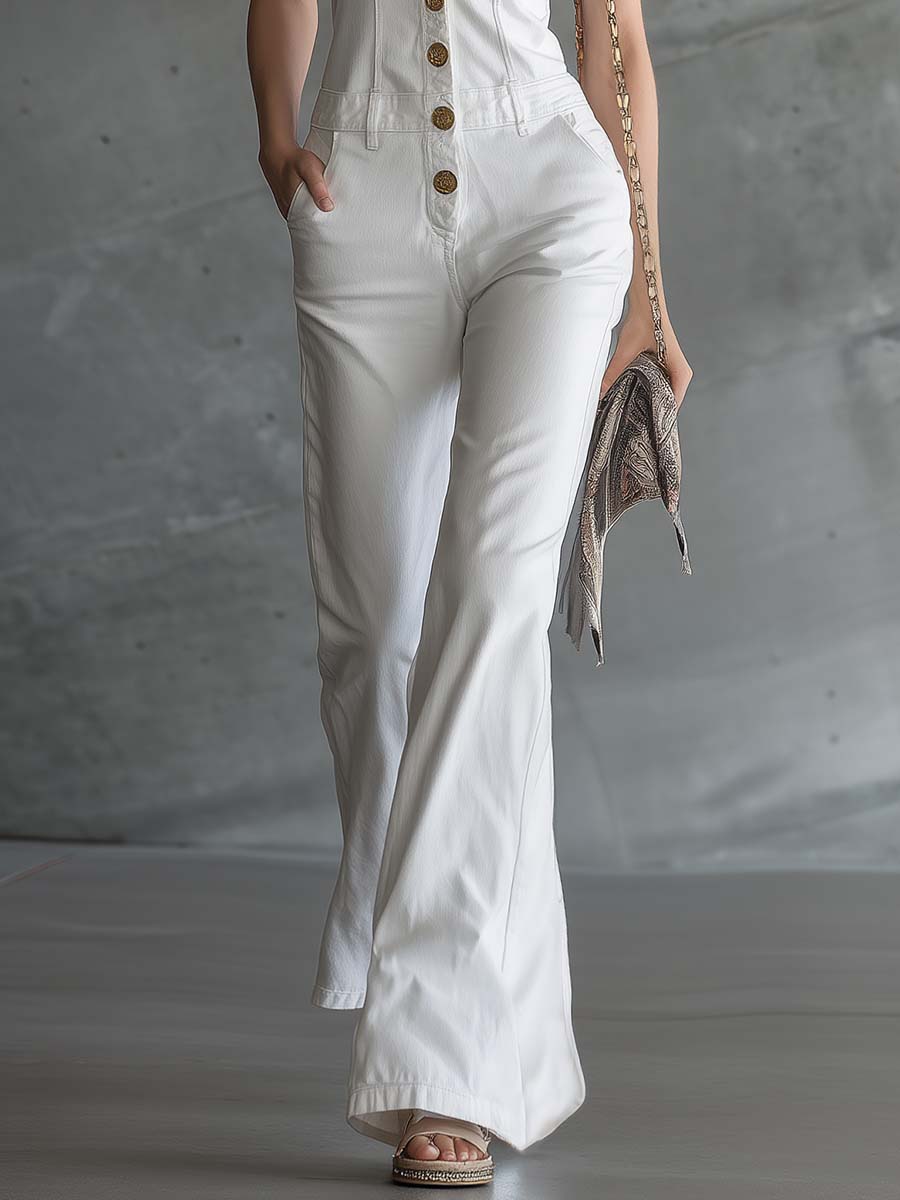 Elegant Retro V-Neck Front-Button White Denim Jumpsuit