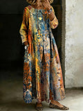 Women's Retro Multicolor Ethnic Art Splicing Long-sleeved Loose-fitting Casual Denim Dress