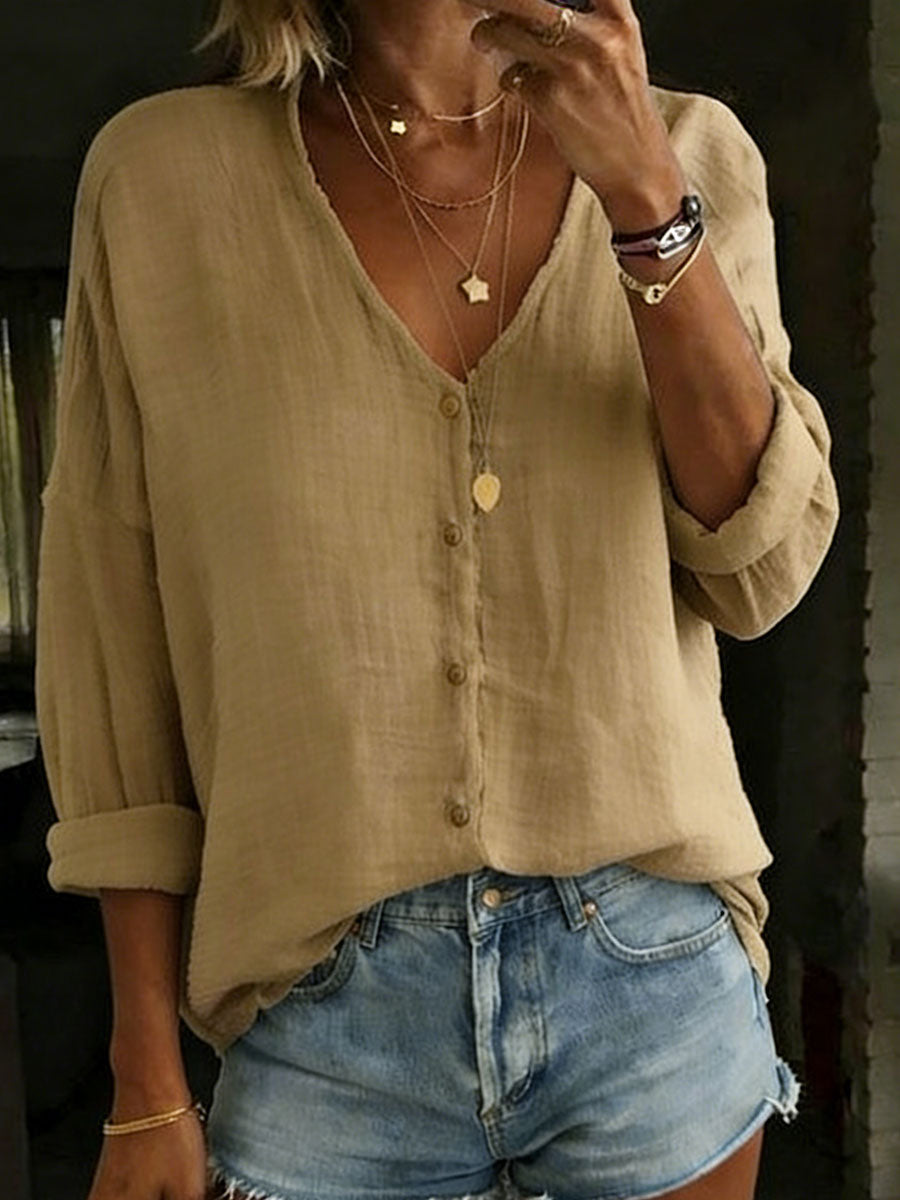 Women's Cotton Linen Loose Solid Color Long-sleeved Shirt