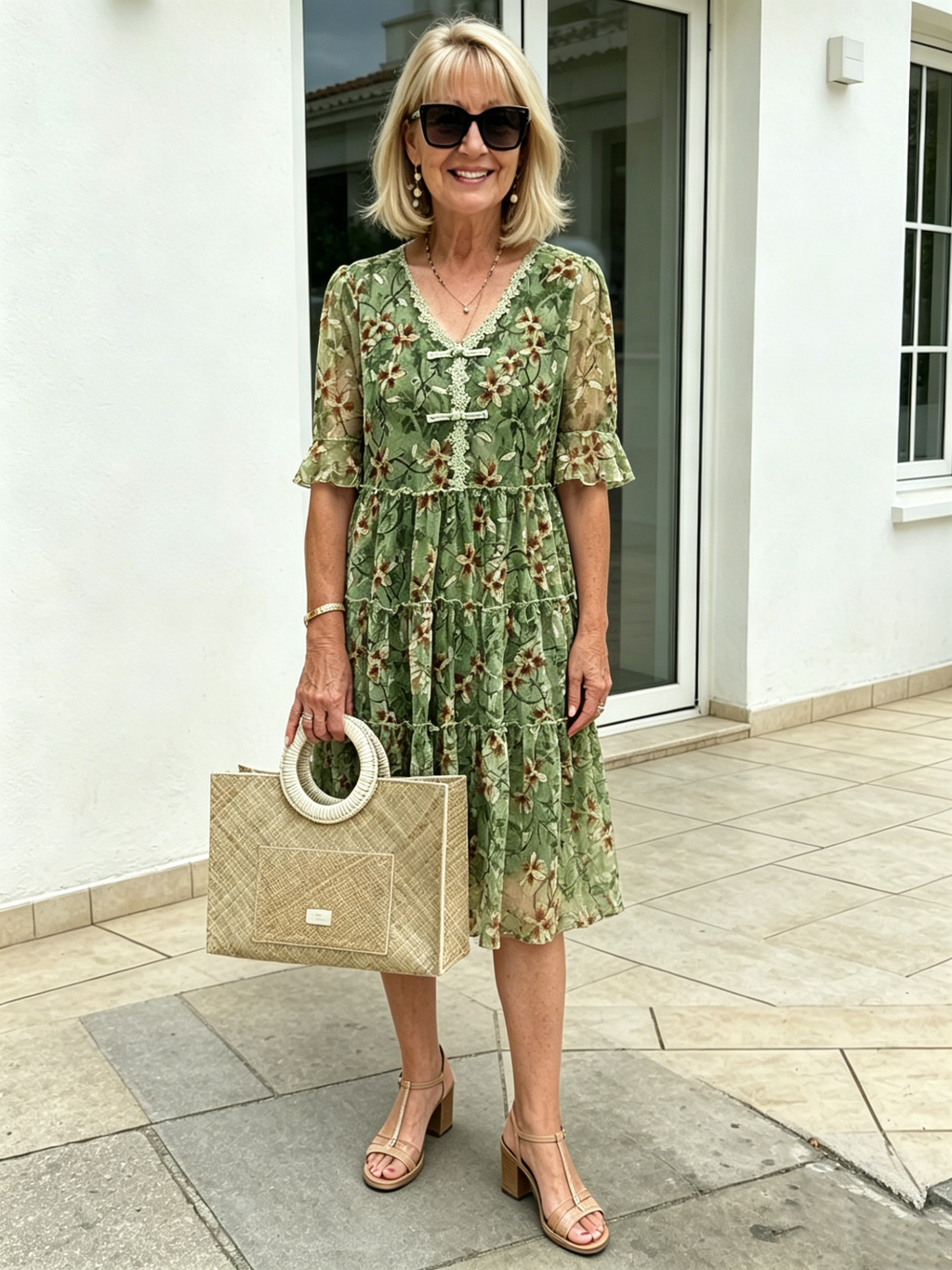 Green Floral Chiffon Tiered Midi Dress, V-Neck Frog Button Ruffle Short Sleeve Loose Casual Dress for Mature Women