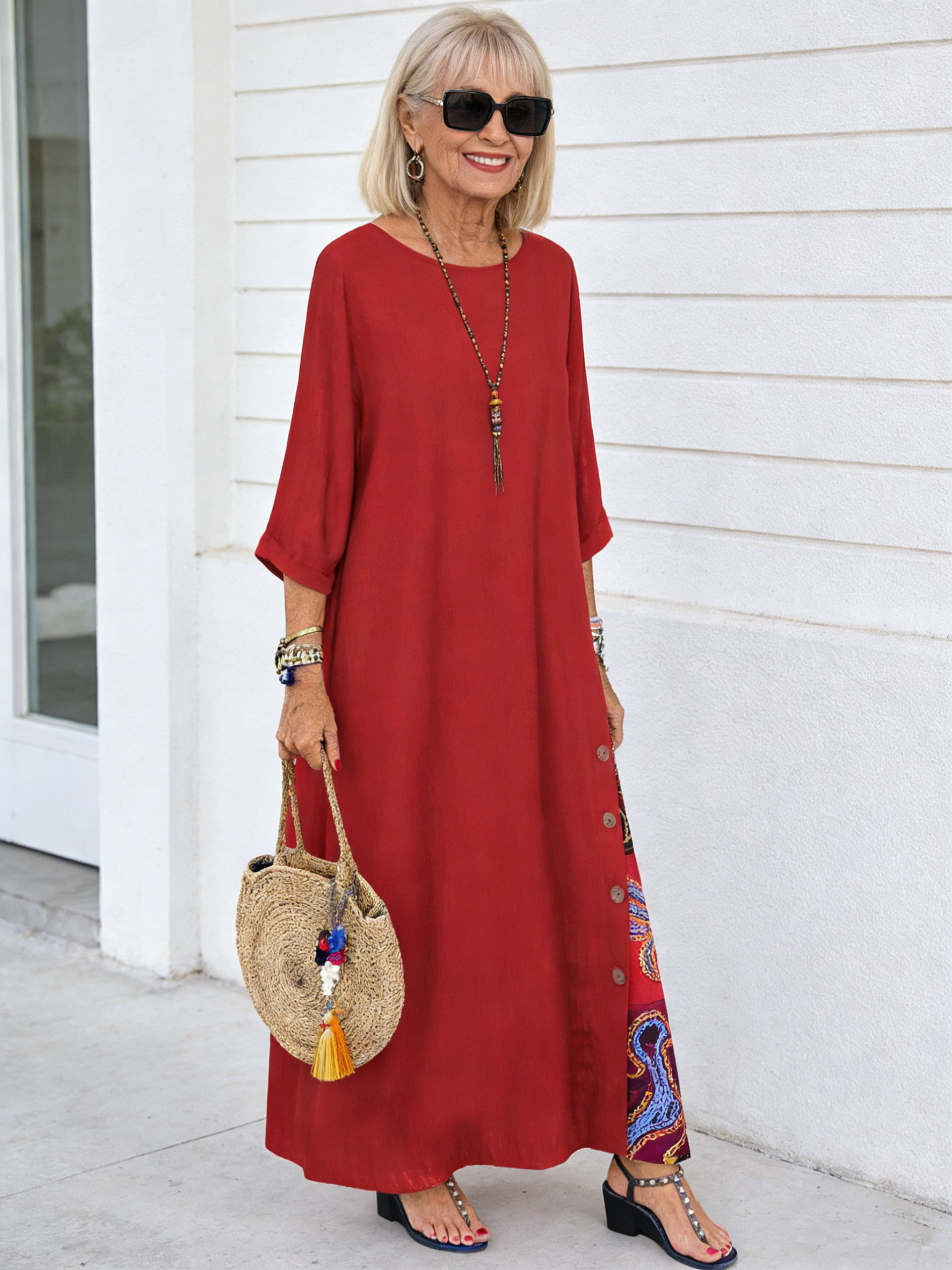Floral round Neck Contrast Color Button Stitching 3/4 Sleeve Dress