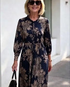 Navy Vintage Floral Maxi Dress, Ruffle Neck 3/4 Sleeve Elastic Waist Slimming Dress for Mature Women
