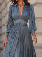 Mooyius Steel Blue Pleated Midi Dress