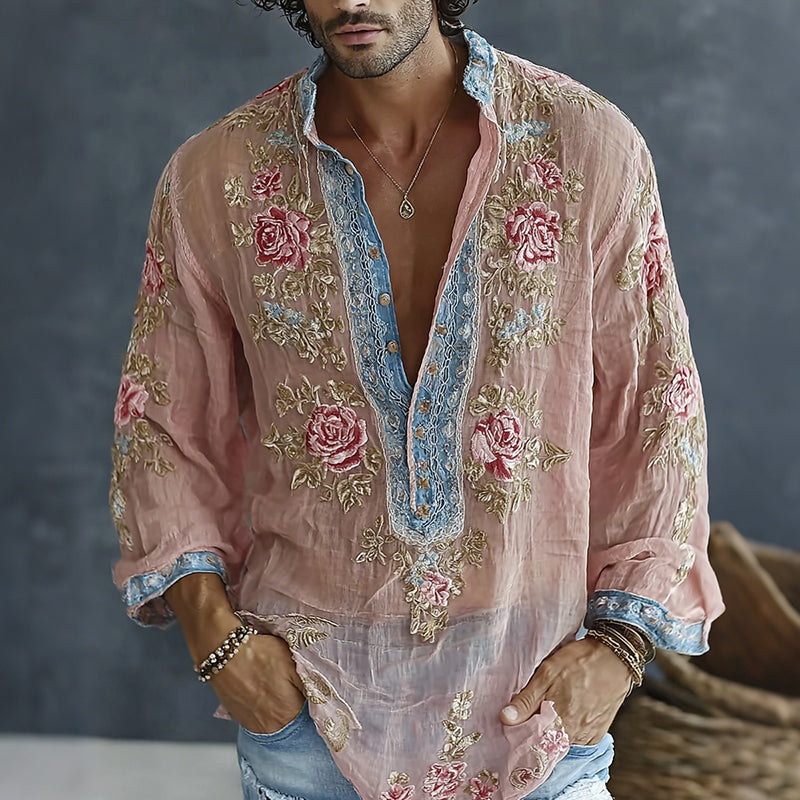 Men's Vintage Spring Floral Embroidered Art Print Flowy Linen Blend Casual Shirt