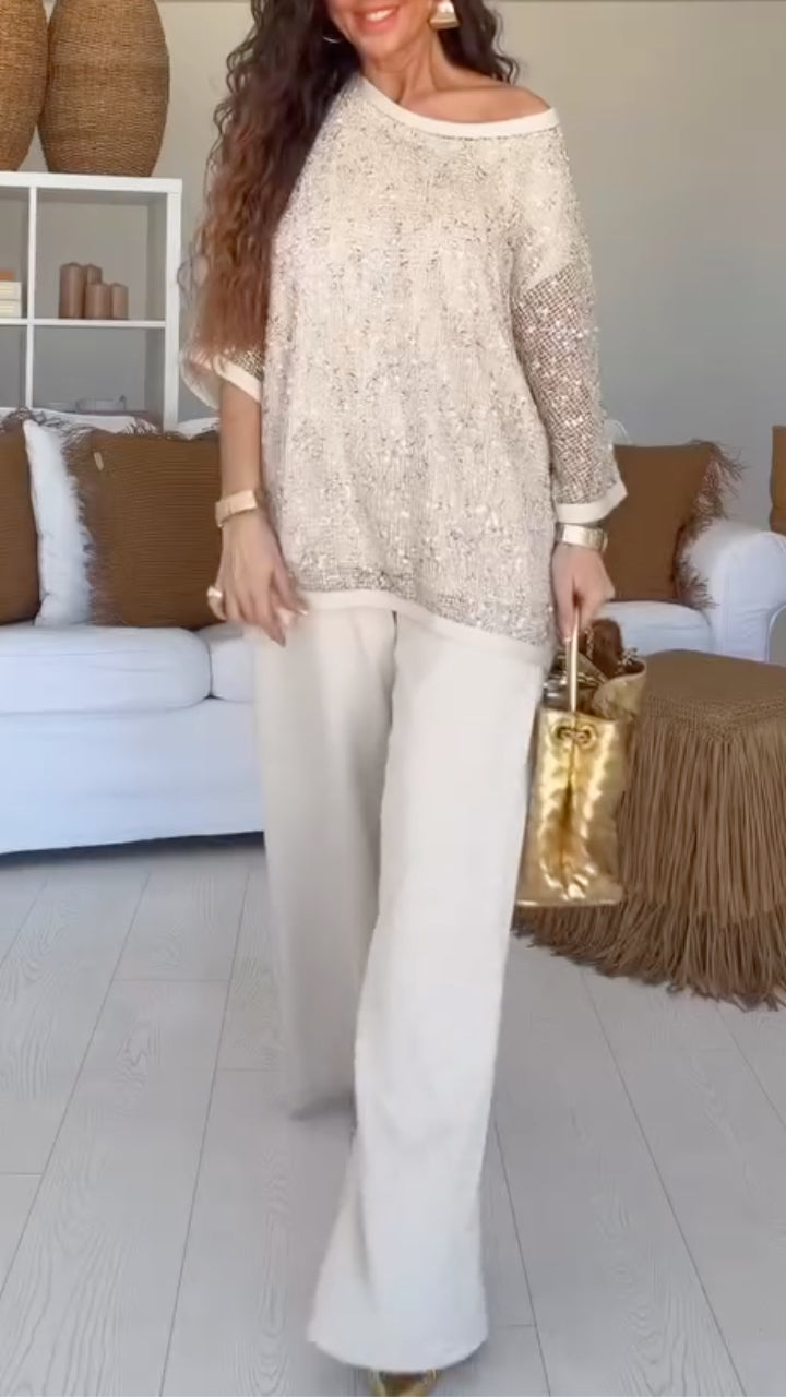 Women's Sequined Mesh Drop-Shoulder Top + Trousers Casual Set