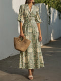 Maxi Linen Dress, Half Sleeve, Lapel Collar, Paisley, Button Design, Vacation, Vintage, Green