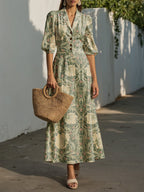 Maxi Linen Dress, Half Sleeve, Lapel Collar, Paisley, Button Design, Vacation, Vintage, Green