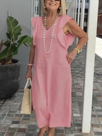 Casual Dress with Ruffle Sleeves,Back Adjustment Rope,Deep Pockets,Pure White Formal Dress, Evening Dress