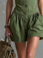 Minimalist Urban Green Denim Sleeveless Shorts Jumpsuit