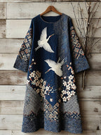 Women's Vintage Japanese Crane Art Linen Blend Round Neck Dress