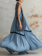 Halter V-Neck Contrast Trim Tiered Maxi Dress