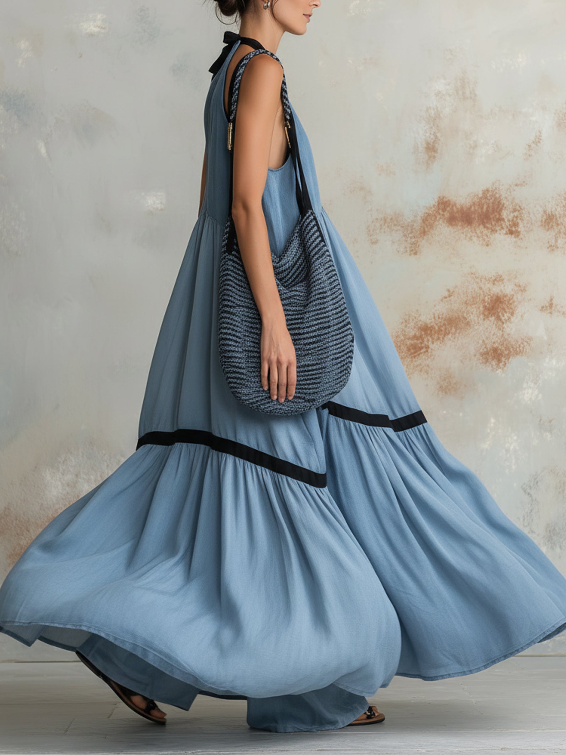 Halter V-Neck Contrast Trim Tiered Maxi Dress