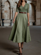 Midi Linen Dress , Half Sleeve, V Neck, Plain, Lace, Vintage, Army Green