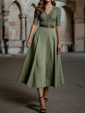 Midi Linen Dress , Half Sleeve, V Neck, Plain, Lace, Vintage, Army Green