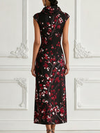 Black Red Cherry Blossom Print Maxi Dress