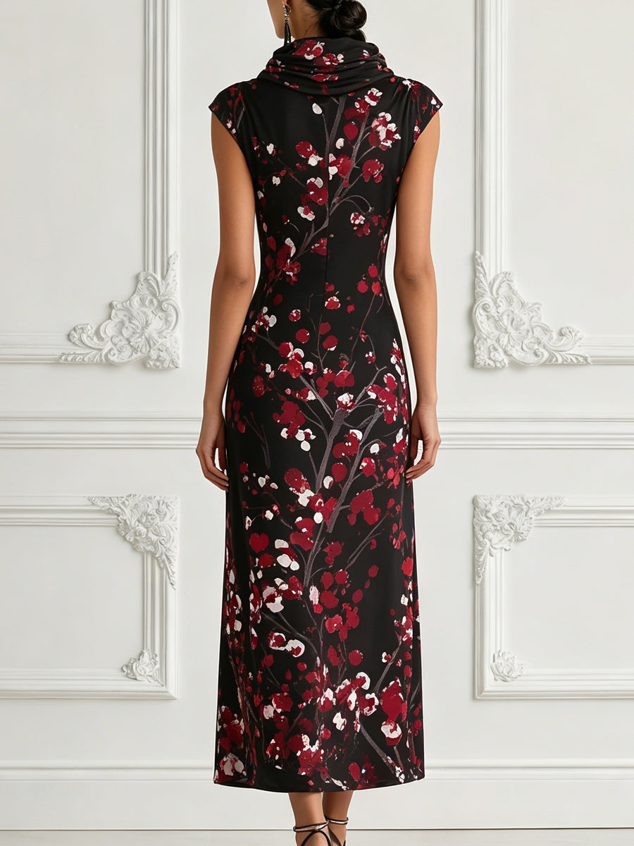 Black Red Cherry Blossom Print Maxi Dress