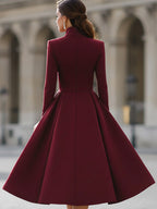 Burgundy V-Neck Full-Skirt Midi Dress