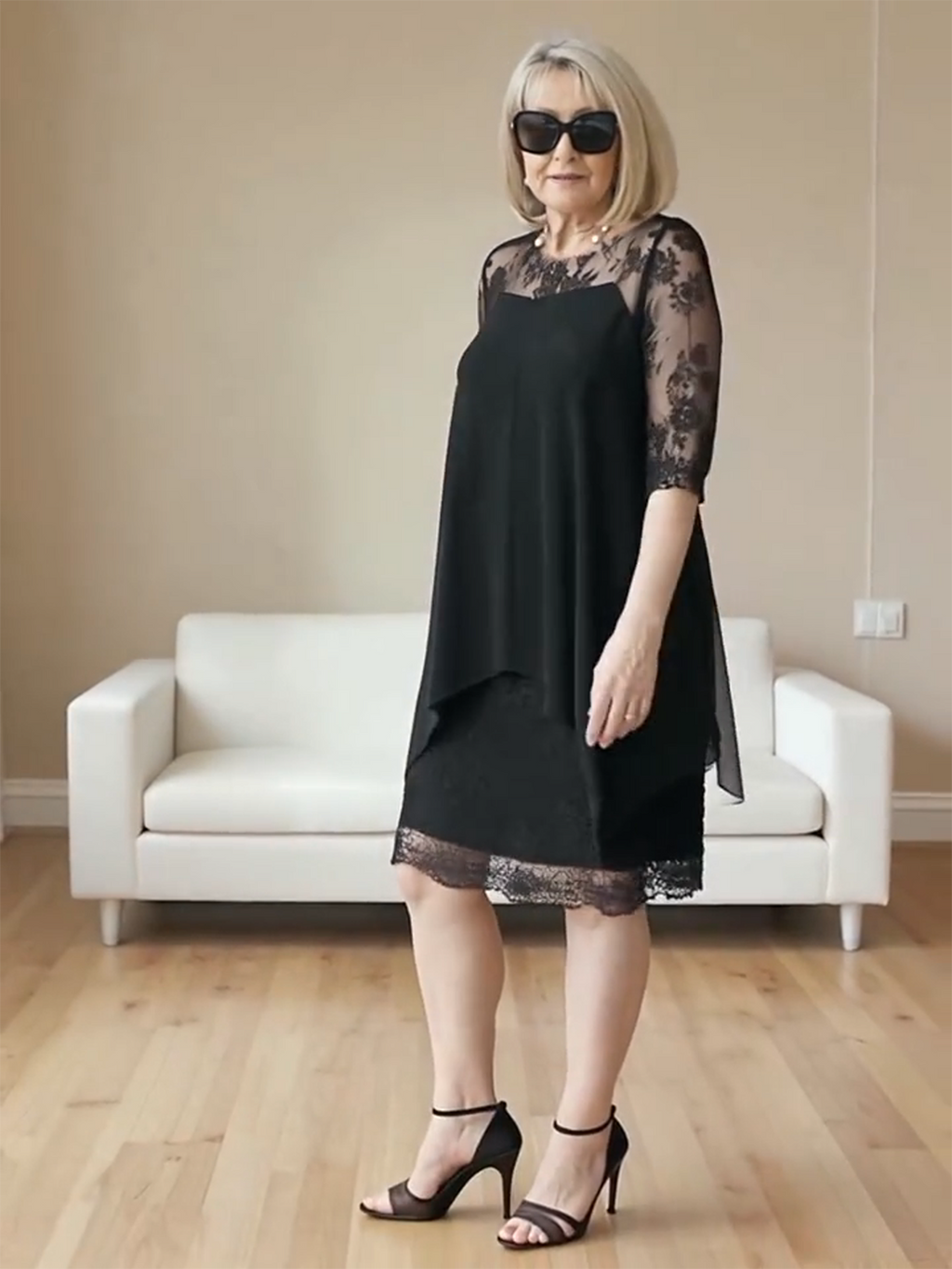Elegant Lace Splicing Seven-quarter Sleeve Medium and Long Knee-length Chiffon