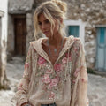 Women's Vintage Pink Floral Embroidery V-neck Linen Blend Hoodie