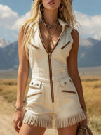 Retro-style Collared Long Zipper Denim Sleeveless Short Jumpsuit