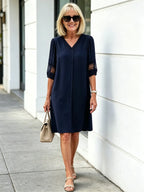Navy Blue Lace Spliced Midi Dress, V Neck 3/4 Sleeve Loose Tummy Concealing Slimming Casual Dress for Mature Women