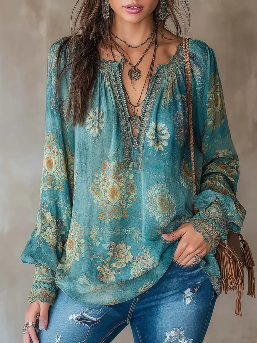 Women's Ethnic Floral Art Print Casual Long Sleeve Cotton Shirt