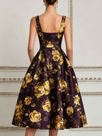 Dark Purple & Gold Rose Print A-Line Midi Dress