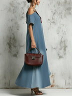Cold-Shoulder Patchwork Denim Maxi Dress