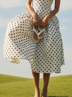 Midi Linen Dress, Sleeveless, V Neck, Polka Dots, French Vintage, White