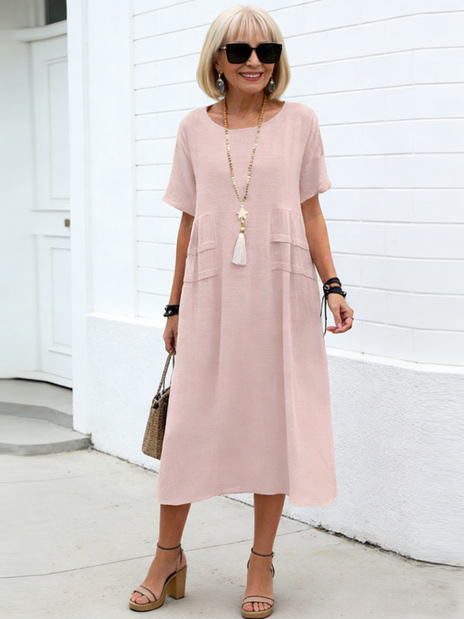 Plus Size Loose Casual Cotton and Linen Solid Color Round Neck Short-sleeved Medium and Long Dress