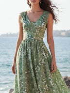 Maxi Linen Dress, Sleeveless, V Neck, Floral, Lace, Vacation, Vintage, Green