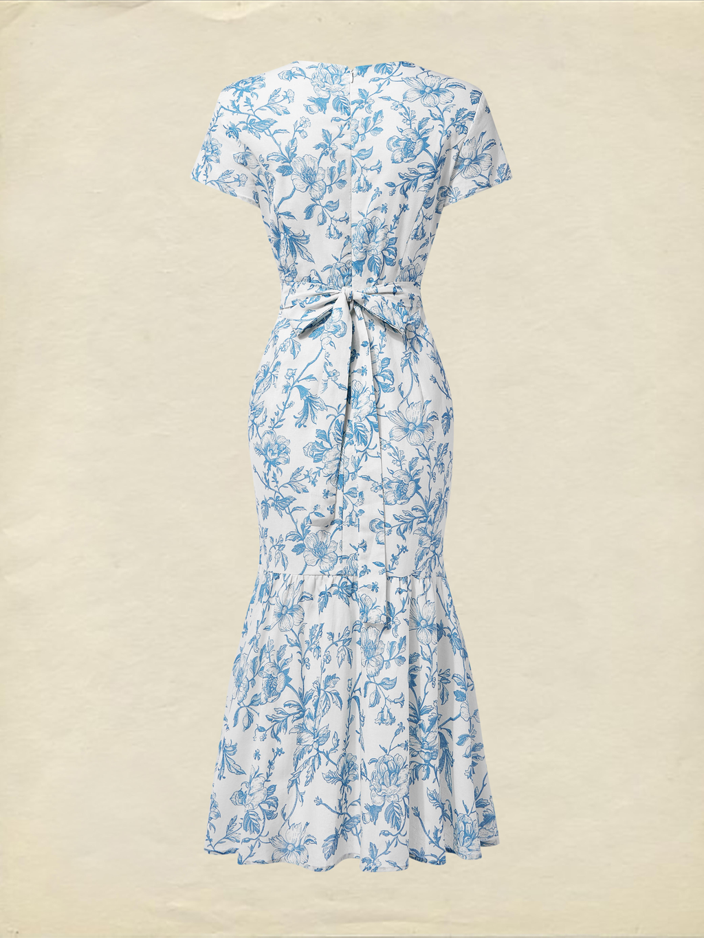 Midi Linen Dress, Short Sleeves, Sweetheart Neck, Floral, Ruffles, Vintage, Blue