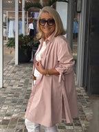 Stand Collar Long Cotton Shirt Jackets Women Swing Shap Flattering Gathered Yolk At The Back