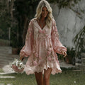 Women's Floral Roses Art Print Flowy Linen Blend Casual Long Sleeve Mini Dress
