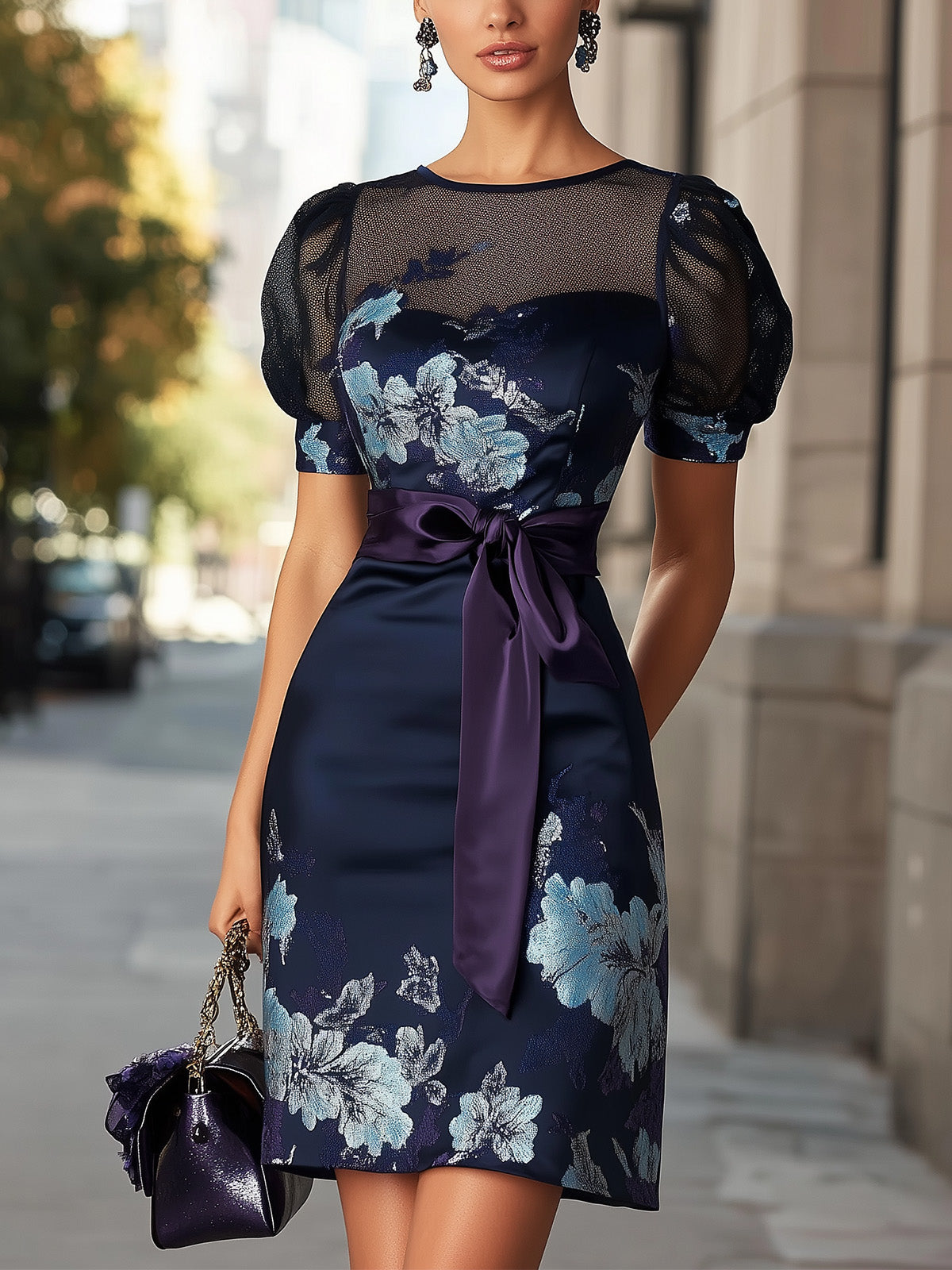 Navy Blue Satin Dress With Floral Print And Purple Sash
