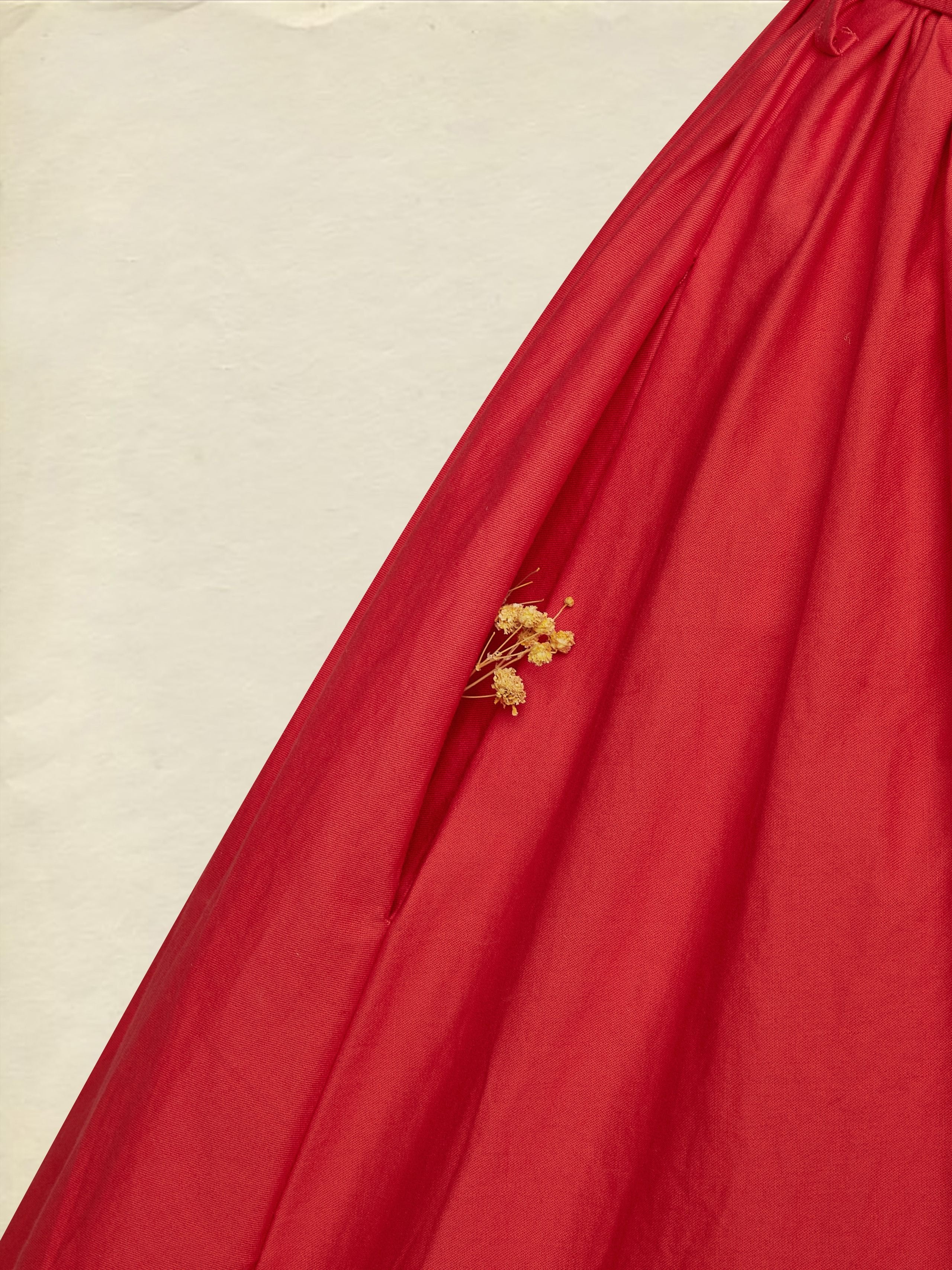 Cotton Maxi Dress, Plain, Pocket Stitching, Shawl Collar, Linen Blended, Belt, Vintage, Short Sleeves, Red