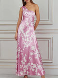 Blush Pink Cherry Blossom Print Satin Maxi Dress