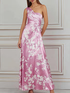 Blush Pink Cherry Blossom Print Satin Maxi Dress