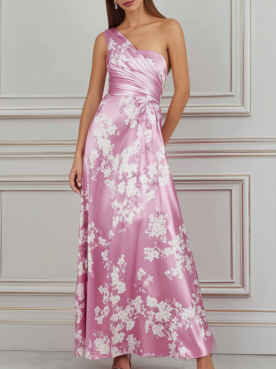 Blush Pink Cherry Blossom Print Satin Maxi Dress