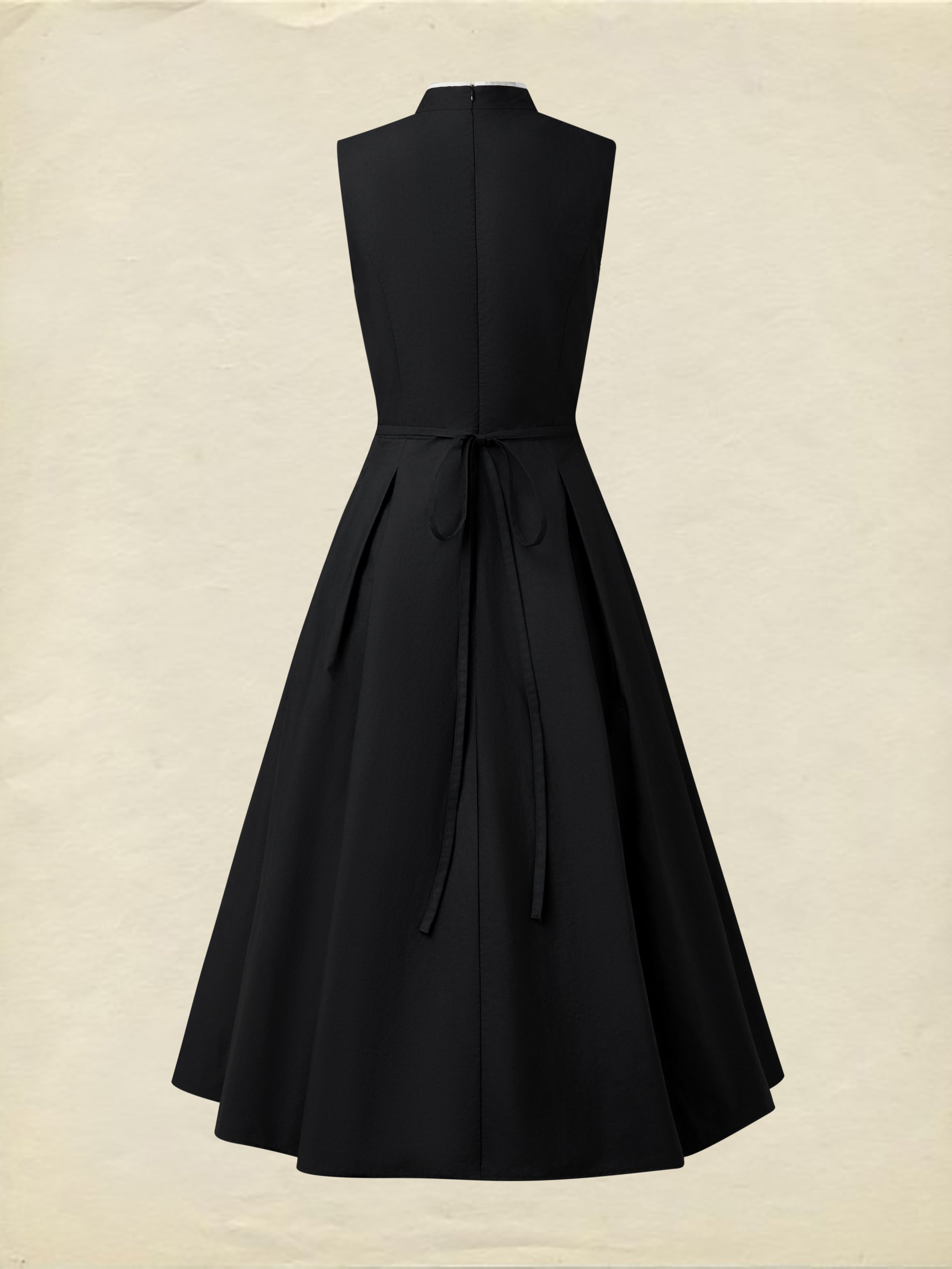 Midi Cotton Dress, Sleeveless, Plain, French Vintage, Black
