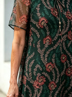 Dark Green Floral Print Mesh Midi Dress, Tie Neck Short Sleeve Loose Tummy Concealing Elegant Dress for Mature Women